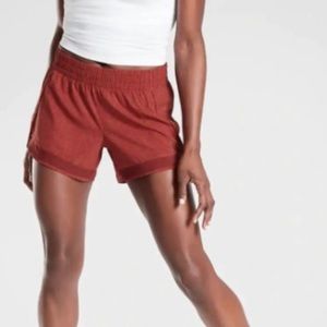 Athleta Orange Printed Mesh Racer Run Shorts